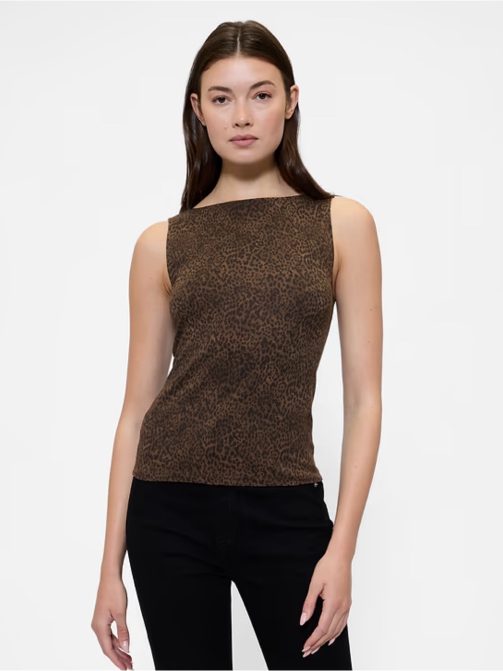 Sleeveless Boatneck Leopard Print Tank Top